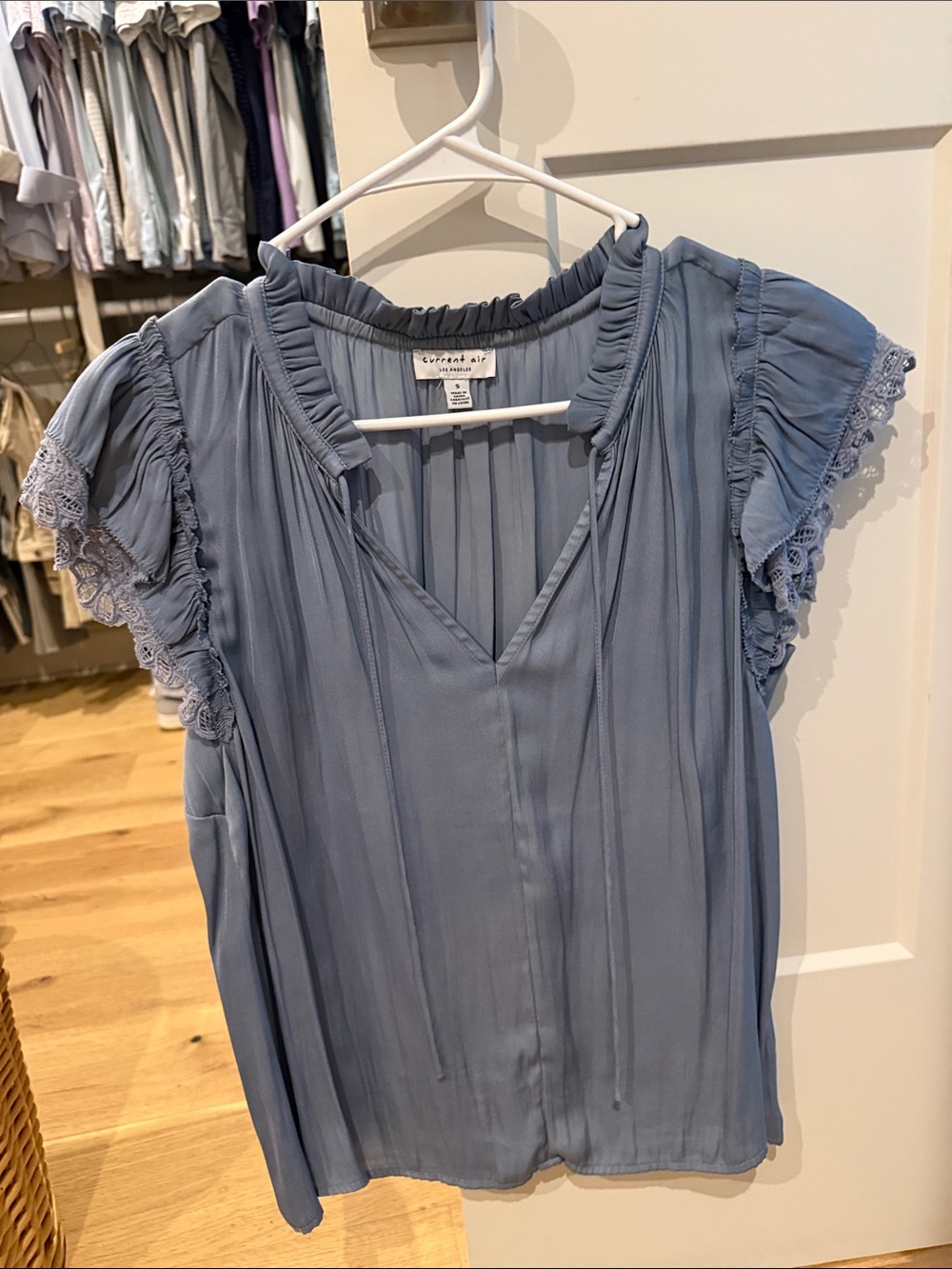 Current Air Dusty Blue Ruffle Sleeve V-Neck Blouse